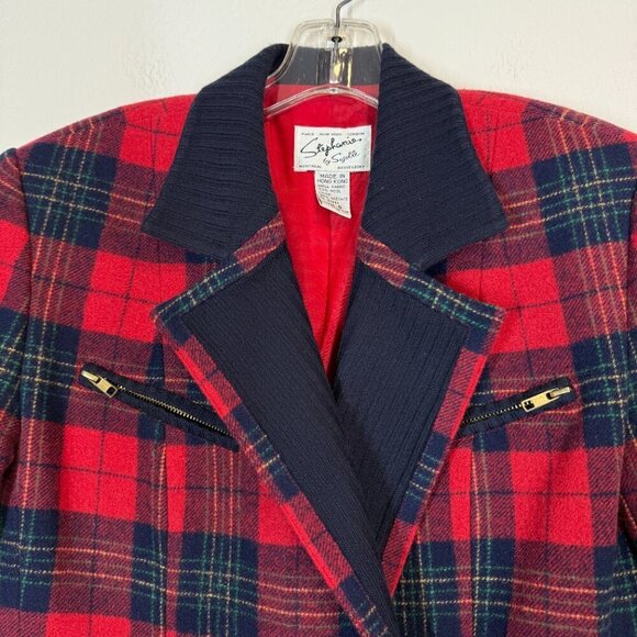 Vintage Plaid Wool Blazer Jacket Red Blue Preppy Statement Rockabilly 80s Medium - Picture 3 of 10